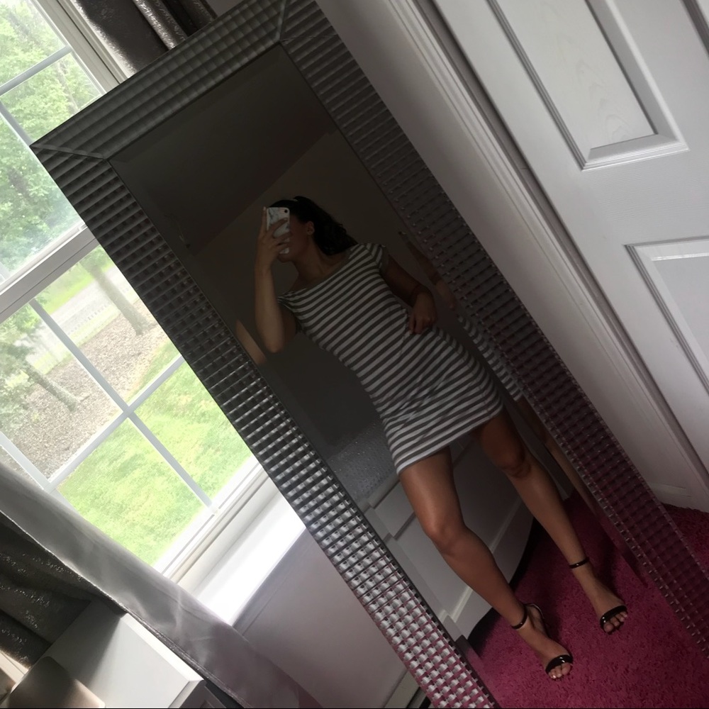 white & beige striped mini dress